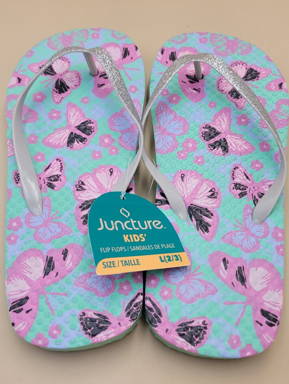 Kids Sz‎ L 2/3 Purple Teal Butterflies With Glitter Straps Flip Flops Beach Pool